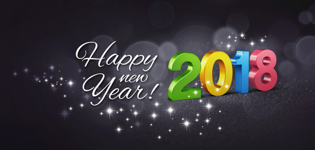 Colorful New year date 2018 and Greetings, on a glittering black background - 3D illustrationの写真素材