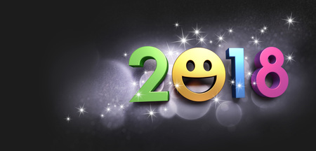 Joyful New year date 2018 with a smiling face, on a glittering black background - 3D illustrationの写真素材