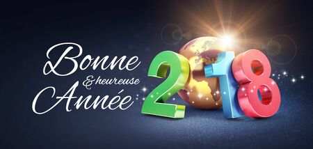 Colorful New Year date 2018, composed with a gold planet earth, Greetings in French, on a glittering black background - 3D illustrationの写真素材