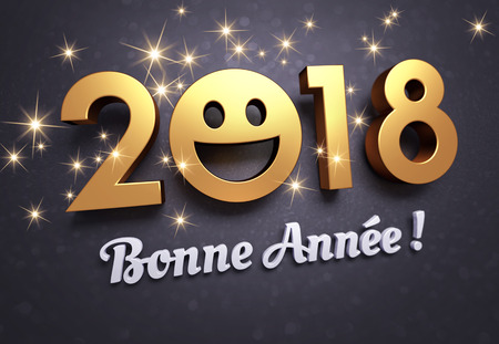 Joyful New year date 2018, Greetings in French and smiling face, on a glittering black background - 3D illustrationの写真素材