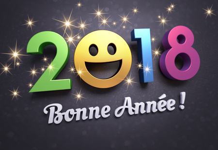 Joyful New year date 2018, smiling face and Greetings in French, glittering on a black background - 3D illustrationの写真素材