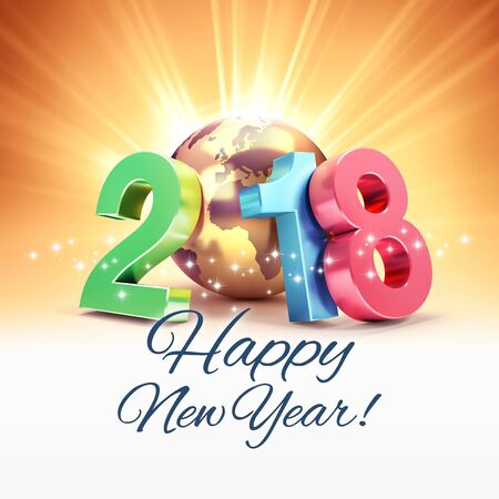 Greetings and colorful New Year date 2018, composed with a gold planet earth, on a sunny background - 3D illustrationの写真素材
