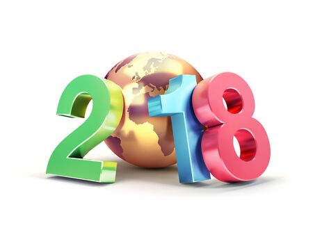 Colorful New Year date 2018, composed with a gold planet earth, isolated on white - 3D illustrationの写真素材