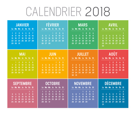Year 2018 colorful minimalist calendar, in French language, on white background. Vector templateのイラスト素材