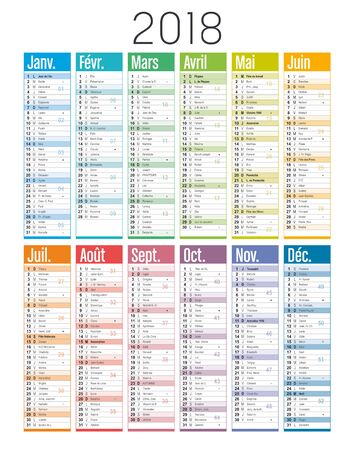 Year 2018 colorful calendar, in French language, on white background. Vector templateのイラスト素材