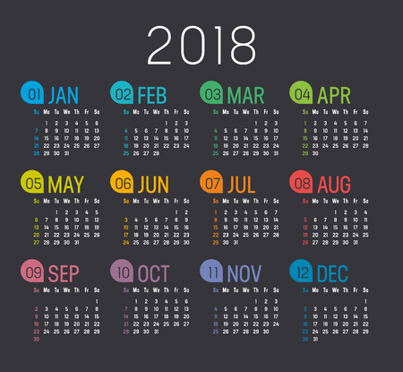 Colorful 2018 calendar design template isolated on a black background.のイラスト素材