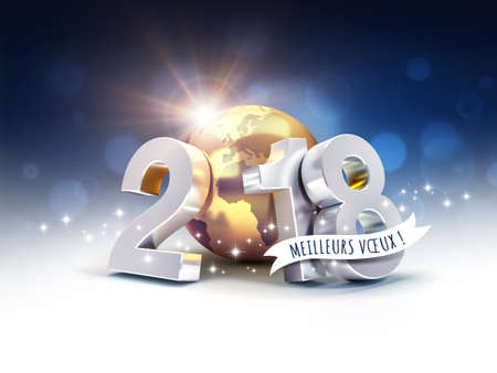 Silver New Year date 2018, composed with a gold planet earth, Greetings in French language, on a blurry blue background - 3D illustrationの写真素材