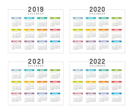Set of minimalist colorful calendars, years 2019 2020 2021 2022, weeks start Sunday, on white background - Vector templates.のイラスト素材