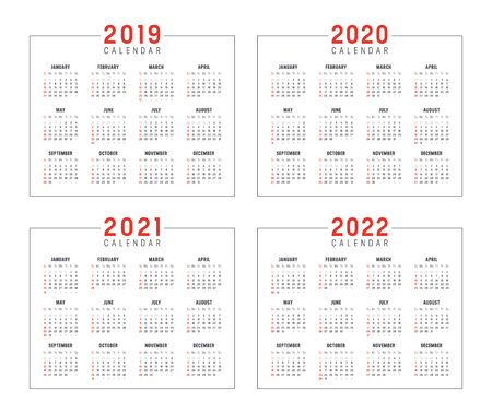 Set of minimalist calendars, years 2019 2020 2021 2022, weeks start Sunday, on white background - Vector templates.のイラスト素材