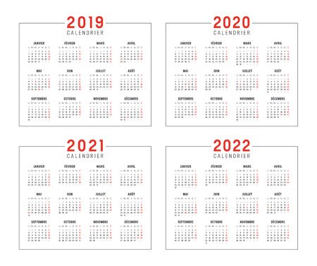 Set of minimalist calendars, years 2019 2020 2021 2022, in French langage, on white background - Vector templates.のイラスト素材