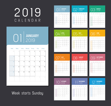 Year 2019 colorful calendar, weeks start Sunday - Vector template.のイラスト素材