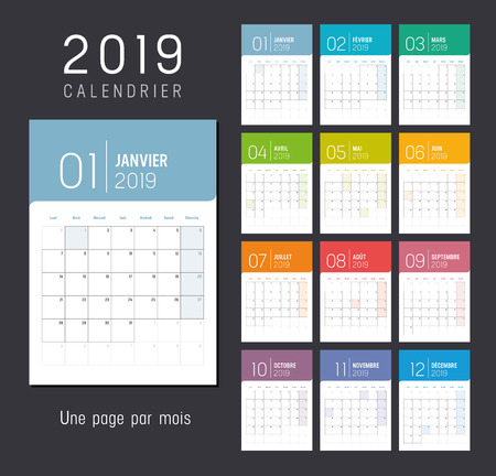 Year 2019 colorful calendar, in French language, weeks start Sunday - Vector template.のイラスト素材