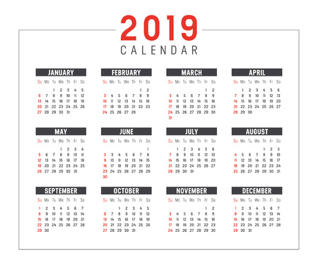 Year 2019 minimalist black and red calendar, on white background.のイラスト素材