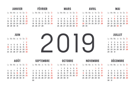 Year 2019 minimalist black and red calendar, in French language, on white background.のイラスト素材