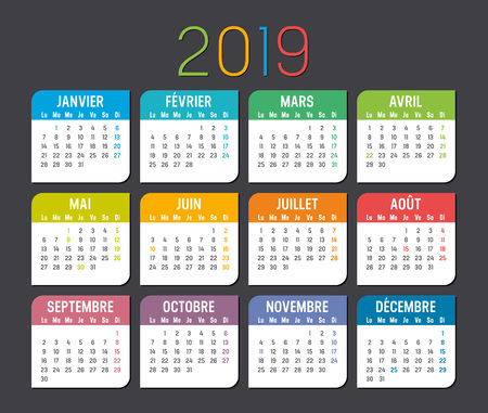 Colorful year 2019 calendar isolated, in French language, on a dark backgroundのイラスト素材