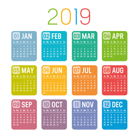 Colorful year 2019 calendar isolated on a white backgroundのイラスト素材