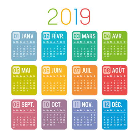 Year 2019 colorful minimalist calendar, in French language, on white background. Vector templateのイラスト素材