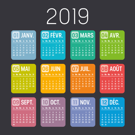 Year 2019 colorful minimalist calendar, in French language, on black background. Vector templateのイラスト素材