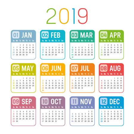 Colorful year 2019 calendar isolated on a white backgroundのイラスト素材