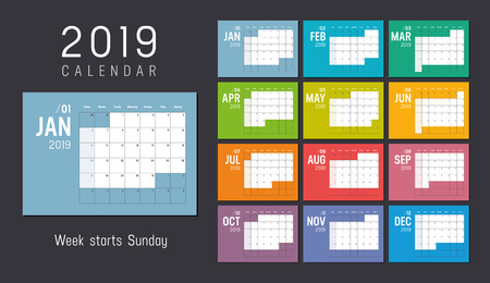 Year 2019 colorful calendar, weeks start Sunday - Vector template.のイラスト素材