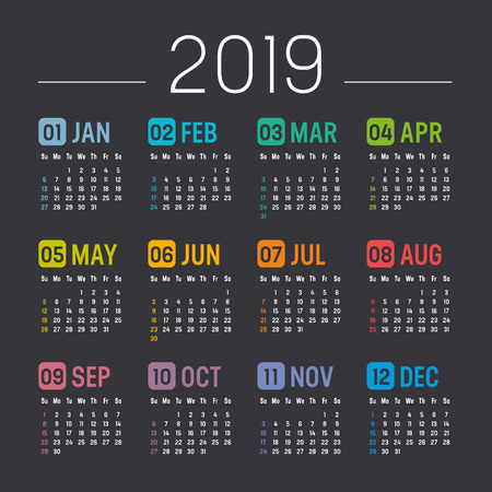 Colorful year 2019 calendar isolated on a black backgroundのイラスト素材