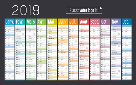 Year 2019 colorful calendar, in French language, on black background. Vector templateのイラスト素材