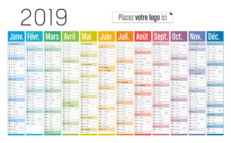 Year 2019 colorful calendar, in French language, on white background. Vector templateのイラスト素材