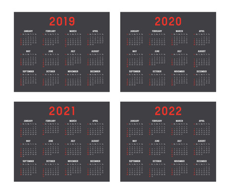 Set of minimalist calendars, years 2019 2020 2021 2022, weeks start Sunday, on black background - Vector templates.のイラスト素材