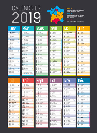Year 2019 colorful calendar, in French language, on black background. Vector templateのイラスト素材