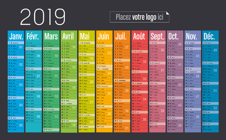 Year 2019 colorful calendar, in French language, on black background. Vector templateのイラスト素材