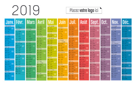 Year 2019 colorful calendar, in French language, on white background. Vector templateのイラスト素材