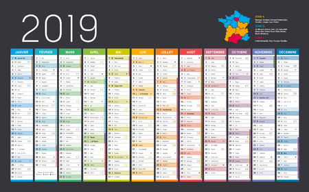 Year 2019 colorful calendar, in French language, on black background. Vector templateのイラスト素材
