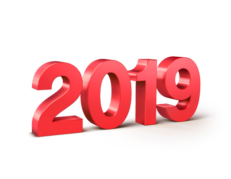 New Year 2019 date number, colored in red and isolated on white - 3D illustrationの写真素材