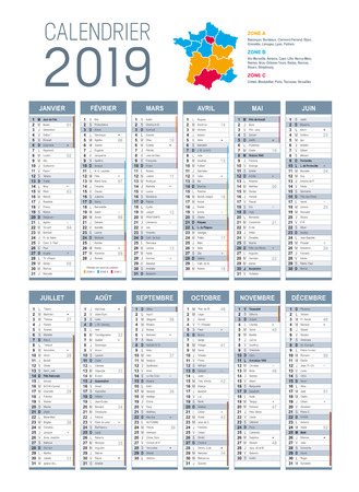 Year 2019 calendar, in French language, on white background. Vector templateのイラスト素材