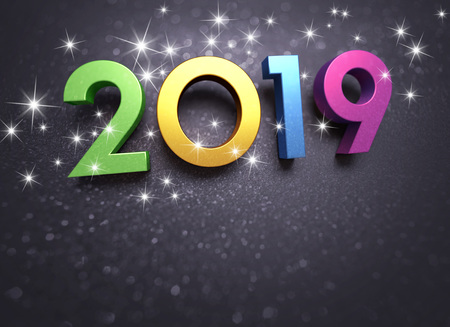 Colorful New year date 2019, on a festive black background - 3D illustrationの写真素材