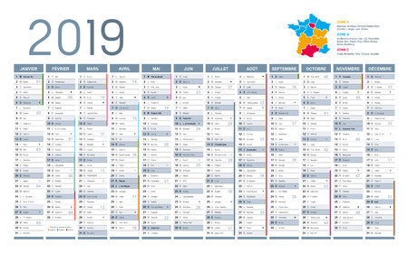 Year 2019 calendar, in French language, on white background. Vector templateのイラスト素材