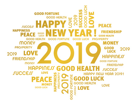 Gold greeting words around New Year date 2019, isolated on whiteのイラスト素材