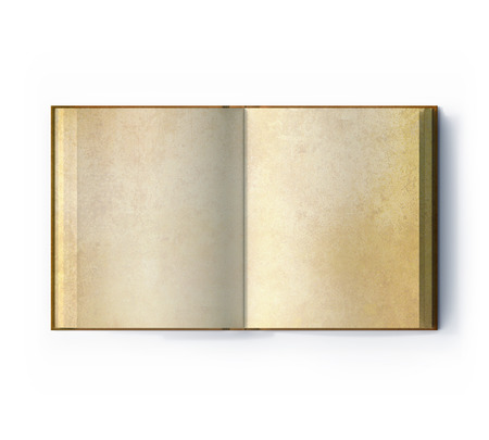 Top view of an old open book on empty used pages, isolated on white backgroundの写真素材