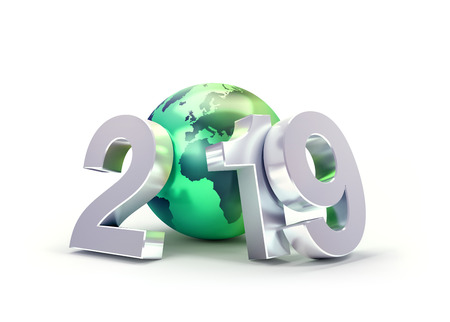 2019 New Year date number composed with a green planet earth, focused on Europe and Africa, isolated on white - 3D illustrationの写真素材