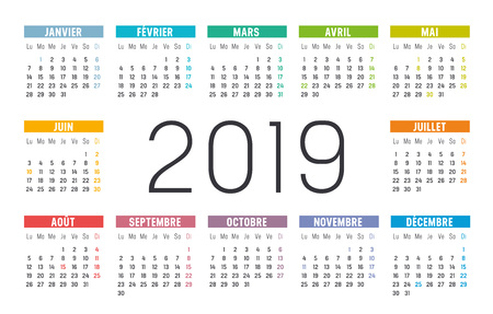 Year 2019 minimalist colorful calendar, in French language, on white background.のイラスト素材