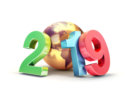 2019 New Year colorful date number composed with a gold planet earth, focused on America, isolated on white - 3D illustrationの写真素材