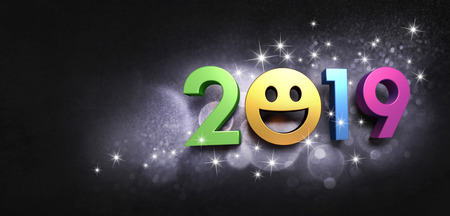 Joyful New year date 2019 with a smiling face, on a glittering black card - 3D illustrationの写真素材