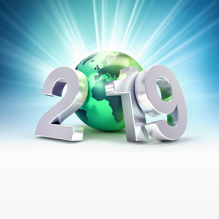 2019 New Year date number composed with a green planet earth, focused on Europe and Africa, light rays behind - 3D illustrationの写真素材