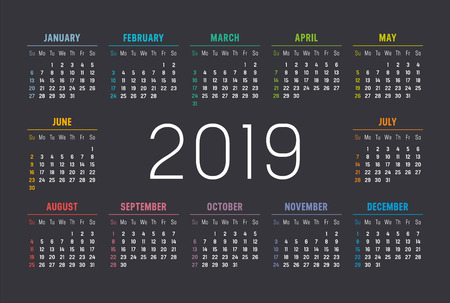 Year 2019 minimalist colorful calendar, on black background.のイラスト素材