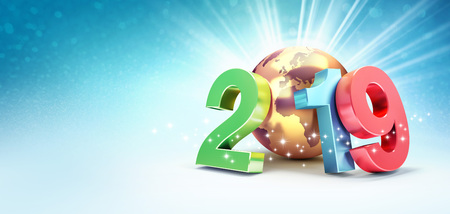 2019 New Year colorful date number composed with a gold planet earth, focused on Europe and Africa, shining stars and light rays behind - 3D illustrationの写真素材