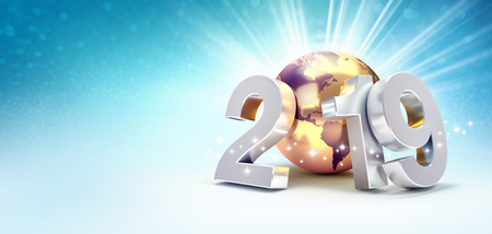 2019 New Year colorful date number composed with a gold planet earth, focused on America, shining stars and light rays behind - 3D illustrationの写真素材