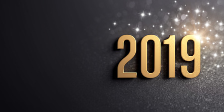 2019 date number colored in gold, on a festive black background, with glitters and stars - 3D illustrationの写真素材