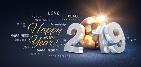 Happy New Year greetings, best wishes and 2019 date number, composed with planet earth colored in gold, on a festive black background, with glitters and stars - 3D illustrationの写真素材
