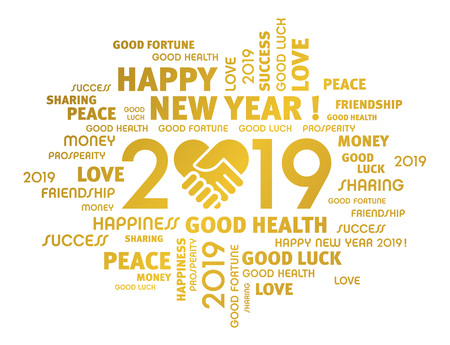 Gold greeting words around New Year date 2019, composed with a handshake heart symbol, isolated on whiteのイラスト素材