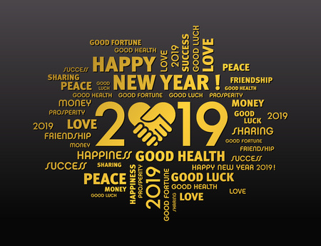 Gold greeting words around New Year date 2019, composed with a handshake heart symbol, on black backgroundのイラスト素材